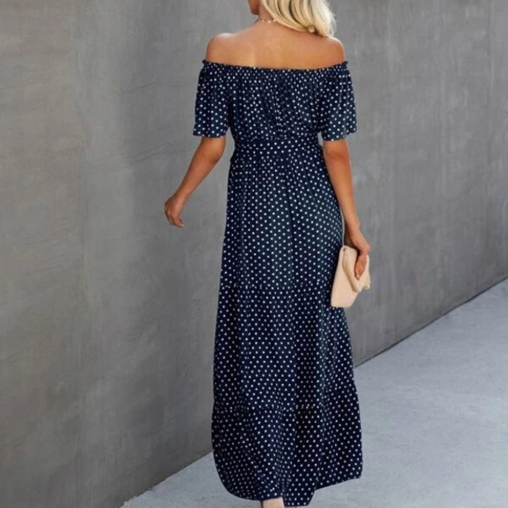 Boho polka-dot shoulder ruffle maxi dress blue - Picture 5 of 6